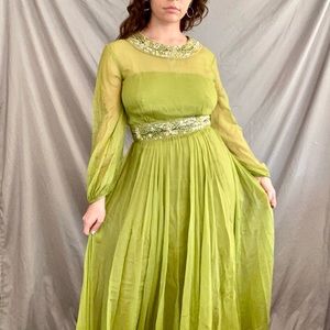 70s Vintage Chartreuse Beaded Evening Gown